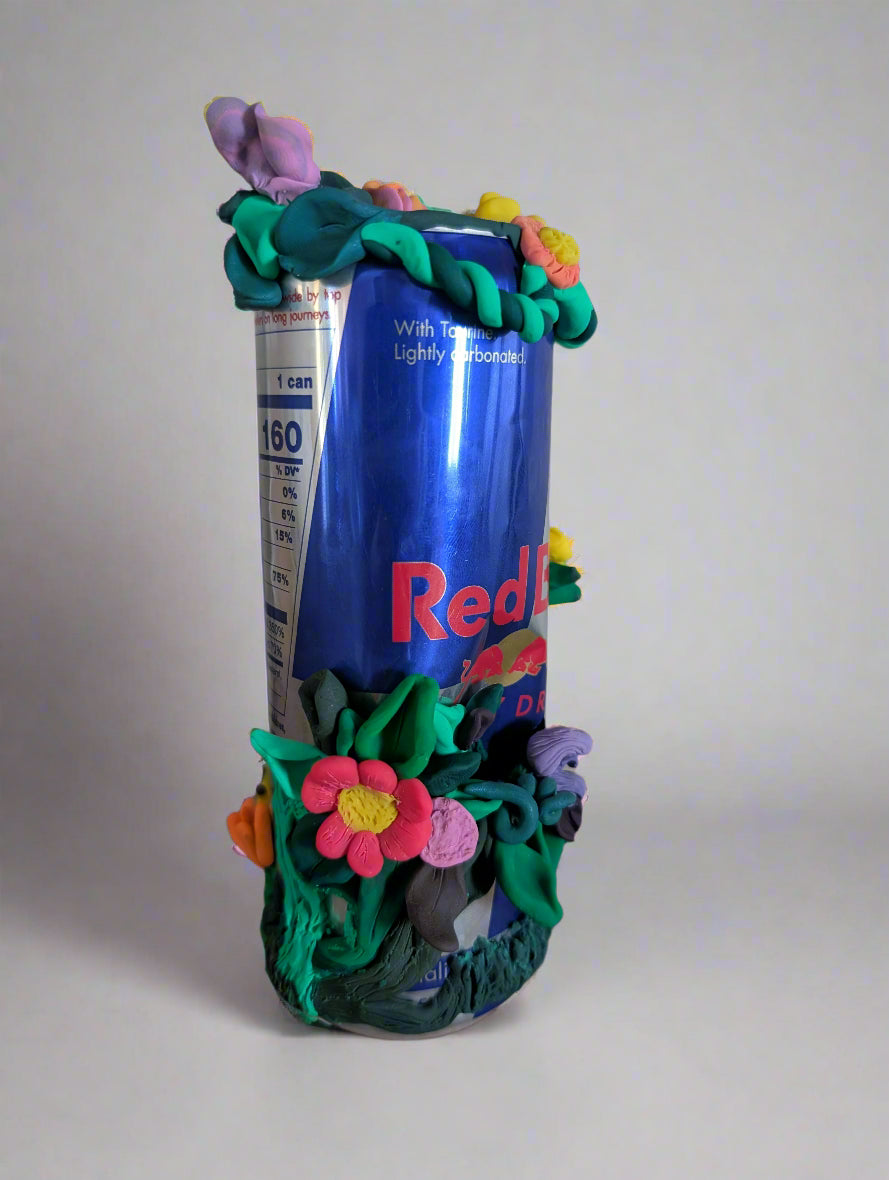 Garden Can Sculpture – Upcycled Red Bull Can with Clay Flowers by Teter's Nook