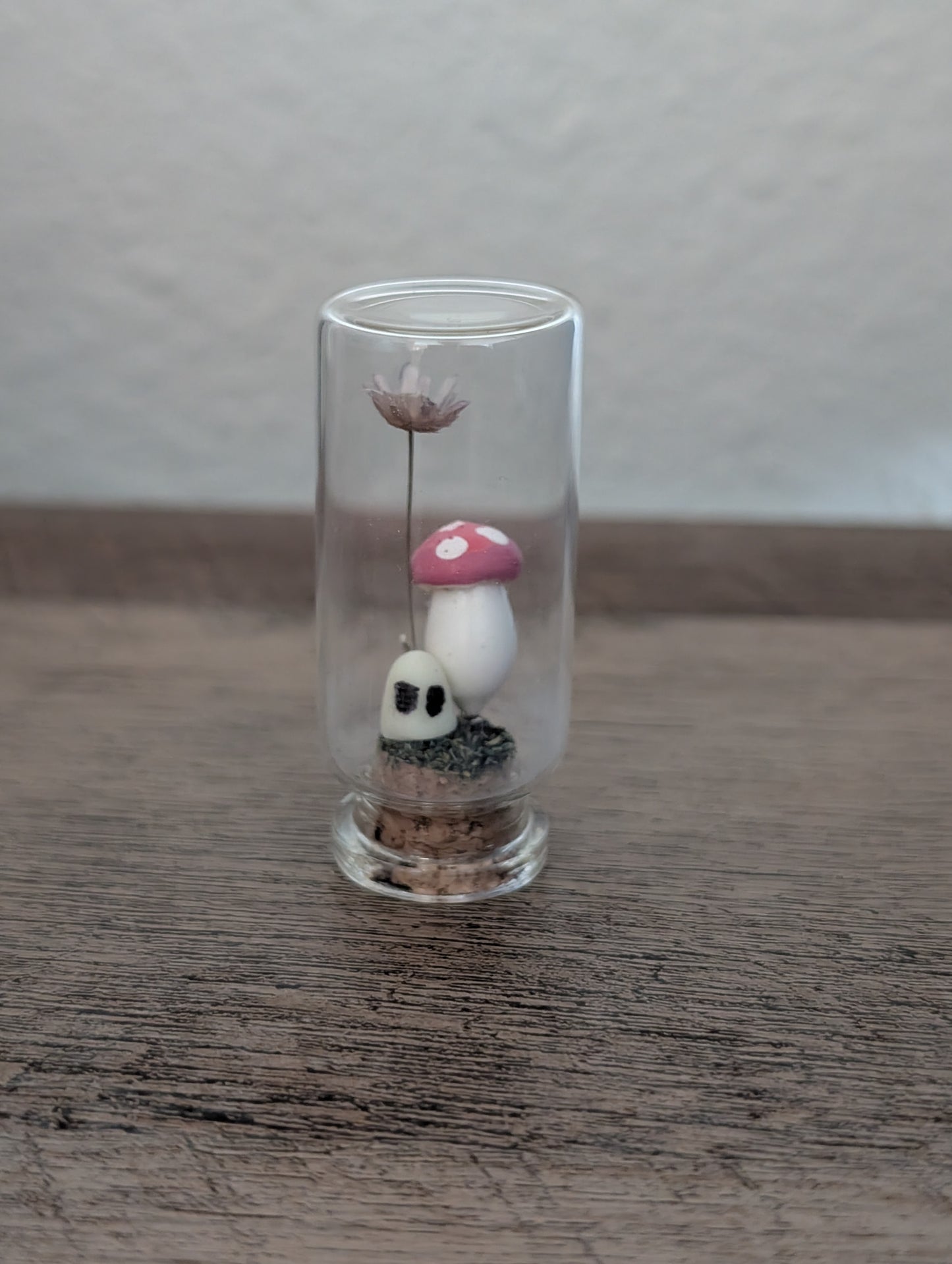 Mini Forest Spirit Terrarium – Mushroom & Wildflower Dome with Ghost (2”)