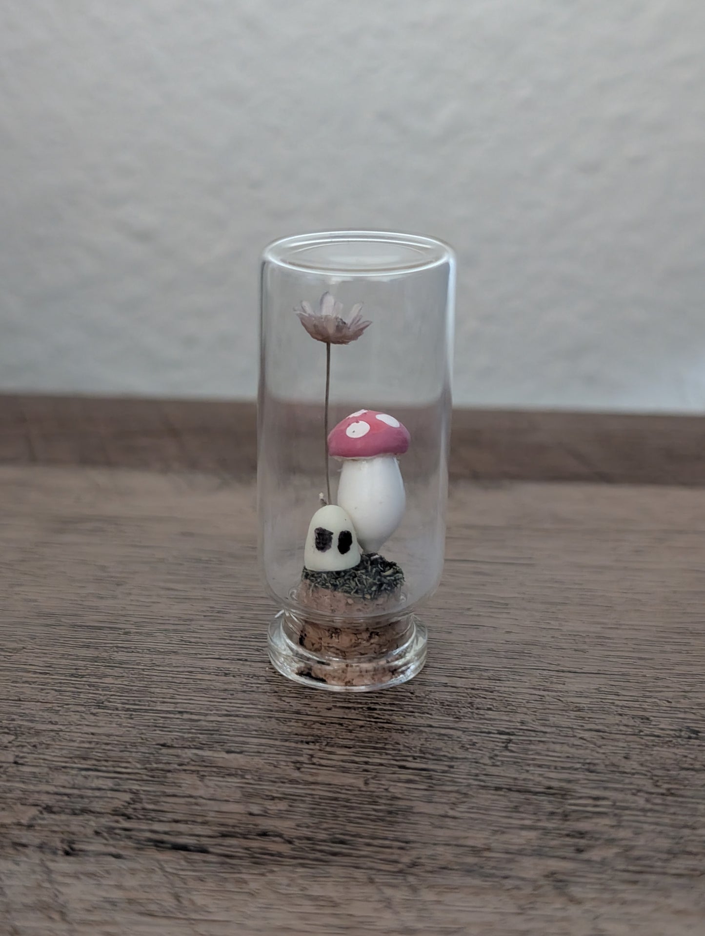 Mini Forest Spirit Terrarium – Mushroom & Wildflower Dome with Ghost (2”)