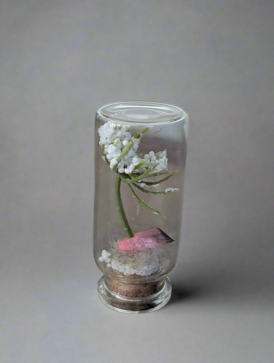 Mini Crystal Flower Terrarium – Pink Crystal & Wildflower Dome (2”)