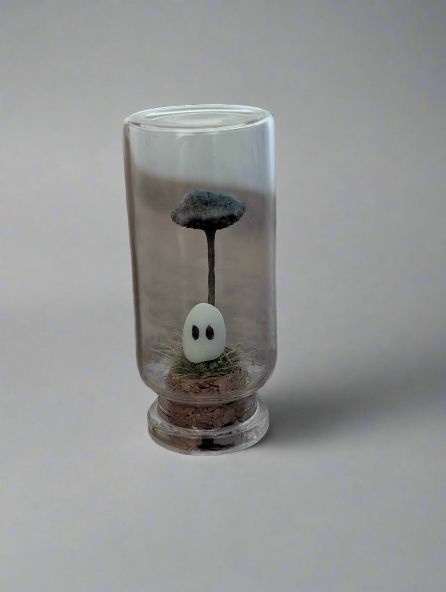 Mini Ghost Terrarium – Forest Spirit Under Mushroom Dome (2”)