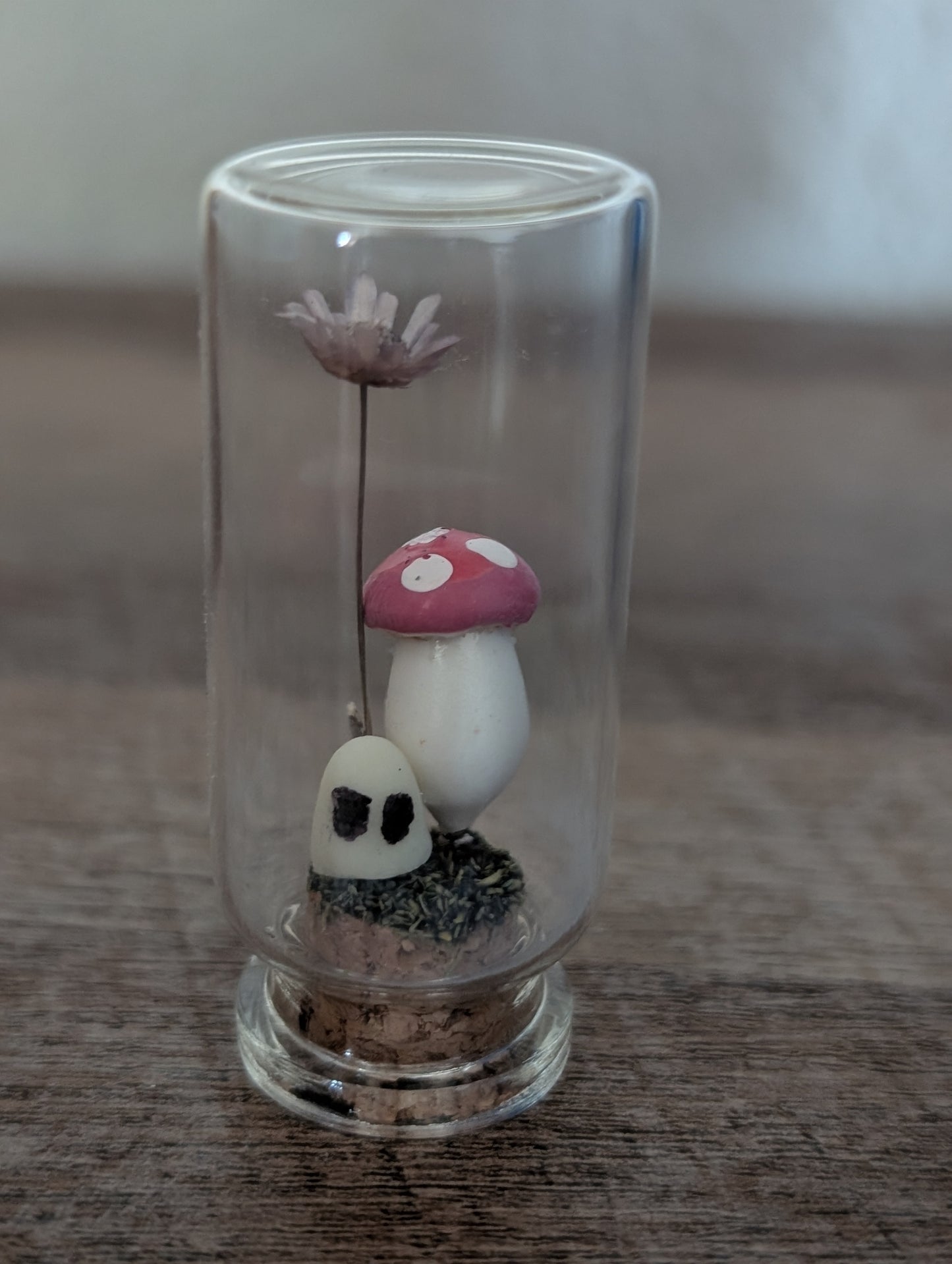 Mini Forest Spirit Terrarium – Mushroom & Wildflower Dome with Ghost (2”)
