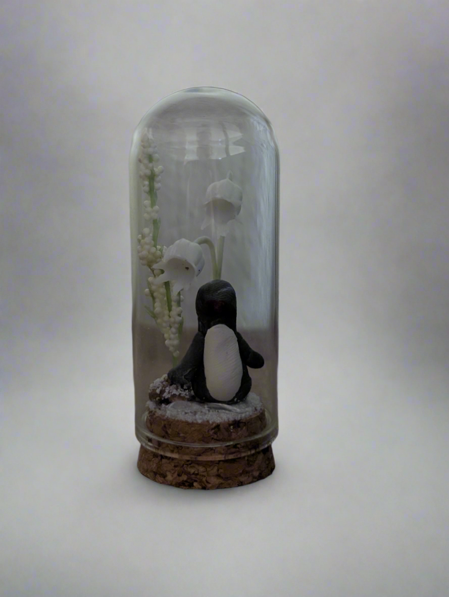 Mini Penguin Terrarium – Winter Spirit Among Snowbell Blooms (3”)