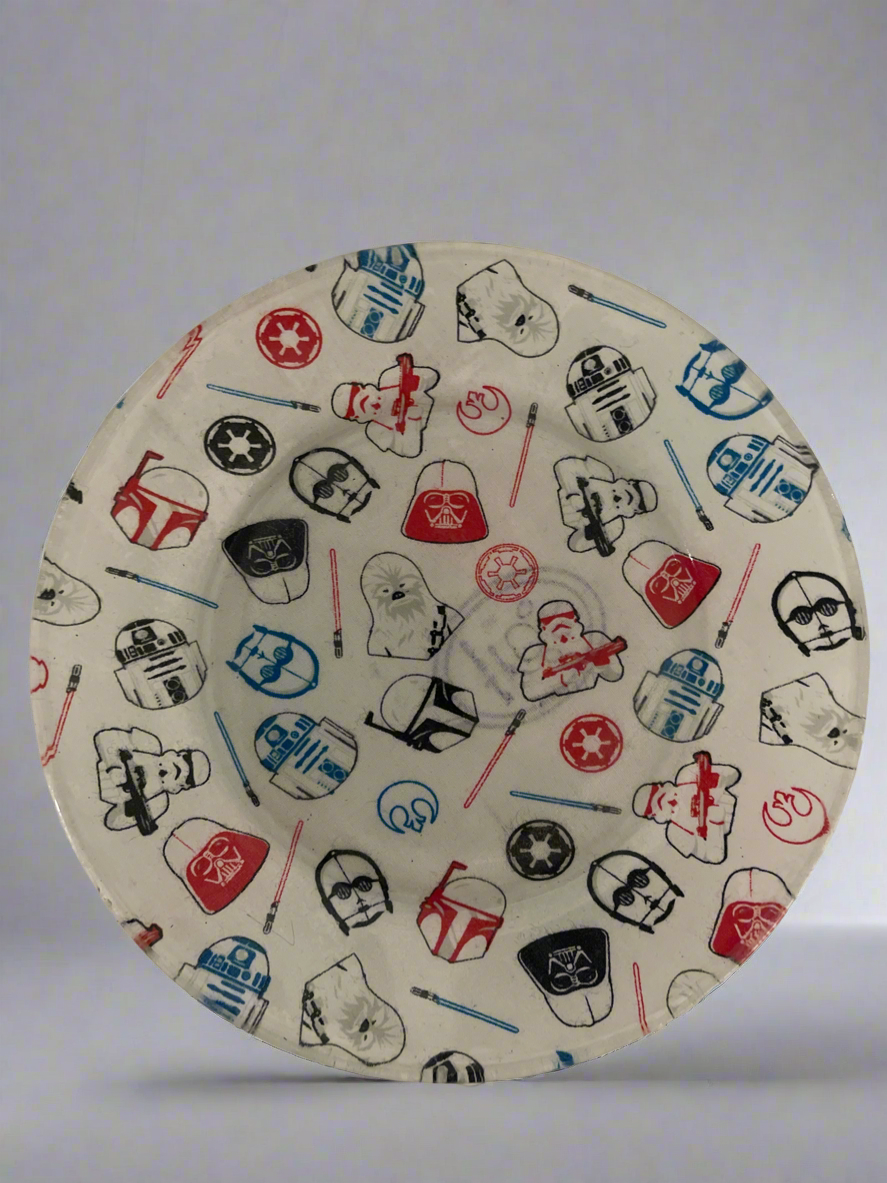 Galaxy Garden Saucer – 7” Upcycled Plate with Star Wars print – Geek Chic Plant Base – Nerdy Pottery Catch Tray – May the Plants Be With You