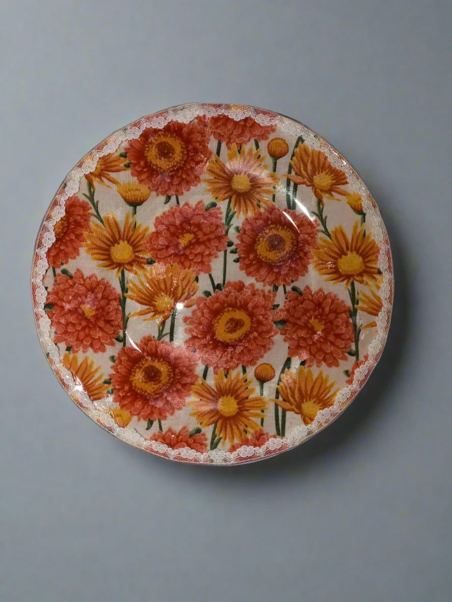 Golden Hour Bloom – Vintage-Inspired Floral Saucer (7”) | Lace-Trimmed Plant Tray or Catch-All Dish
