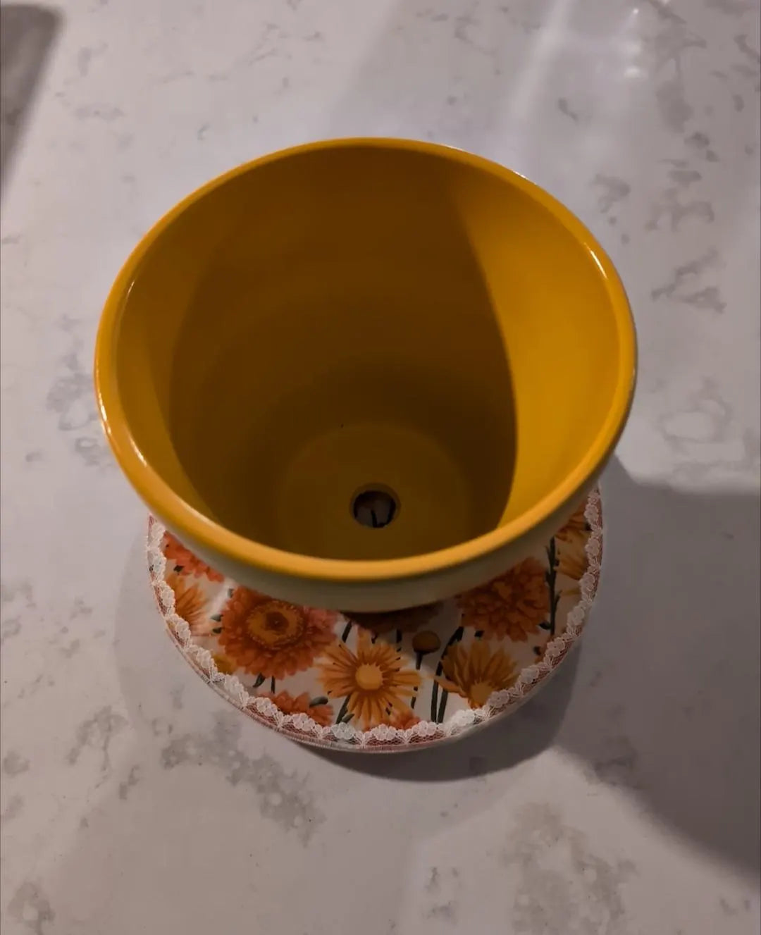 Golden Hour Bloom – Vintage-Inspired Floral Saucer (7”) | Lace-Trimmed Plant Tray or Catch-All Dish