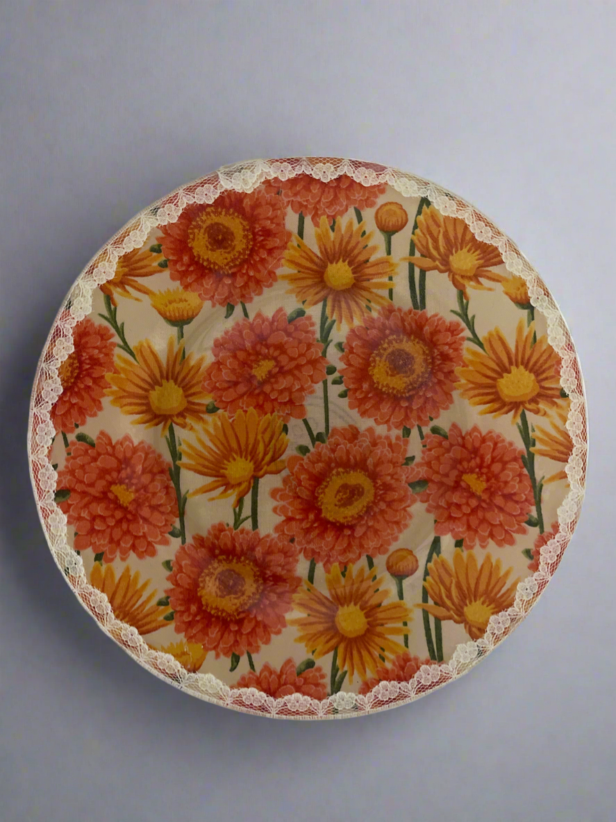 Golden Hour Bloom – Vintage-Inspired Floral Saucer (7”) | Lace-Trimmed Plant Tray or Catch-All Dish