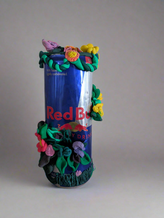 Garden Can Sculpture – Upcycled Red Bull Can with Clay Flowers by Teter's Nook