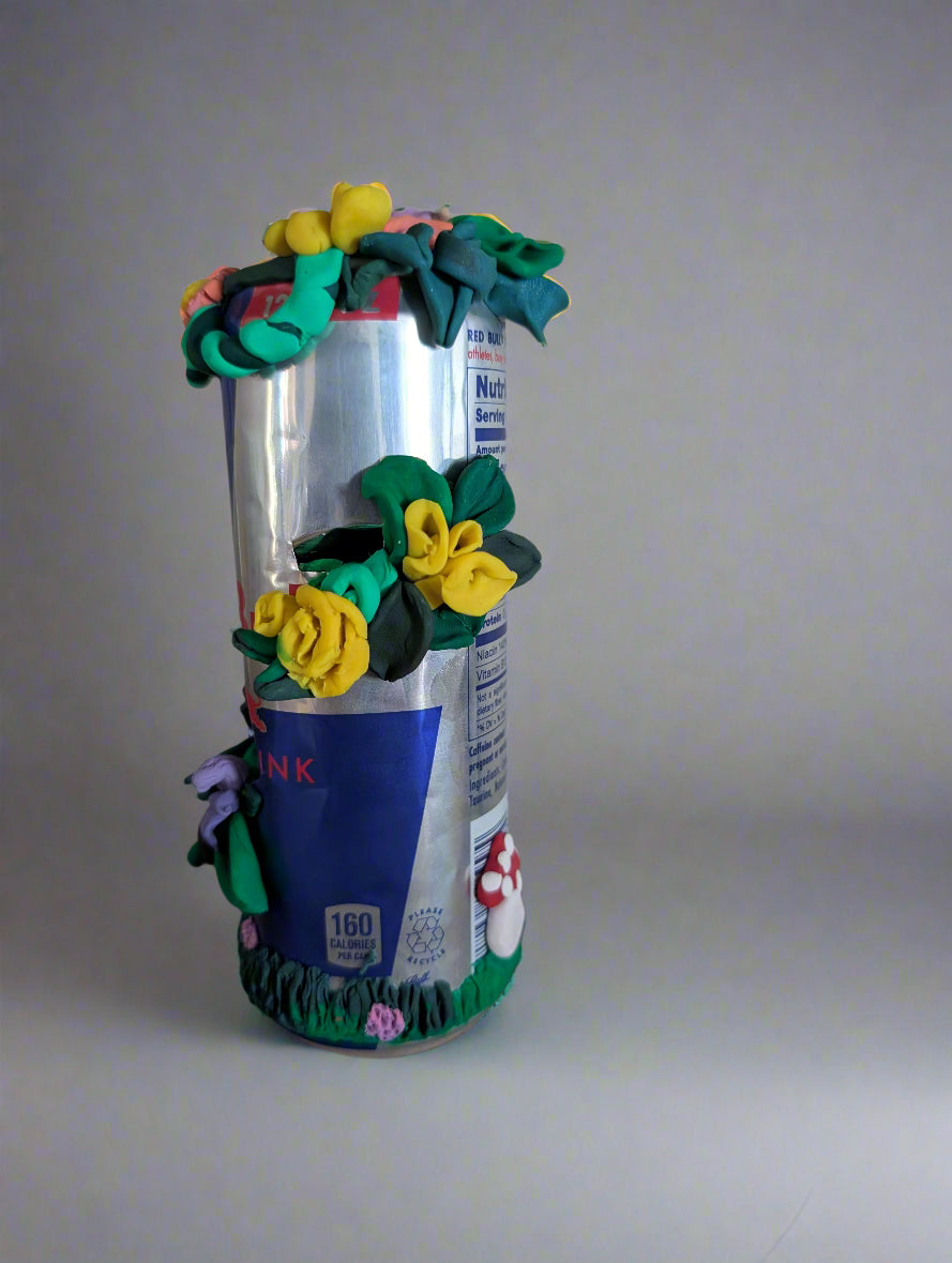 Garden Can Sculpture – Upcycled Red Bull Can with Clay Flowers by Teter's Nook