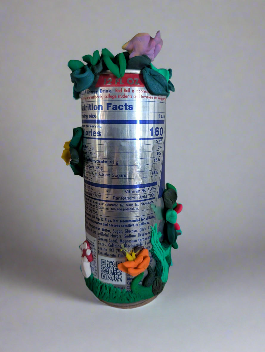 Garden Can Sculpture – Upcycled Red Bull Can with Clay Flowers by Teter's Nook