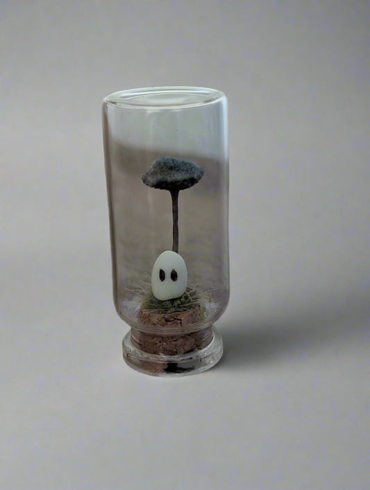 Mini Ghost Terrarium – Forest Spirit Under Mushroom Dome (2”)