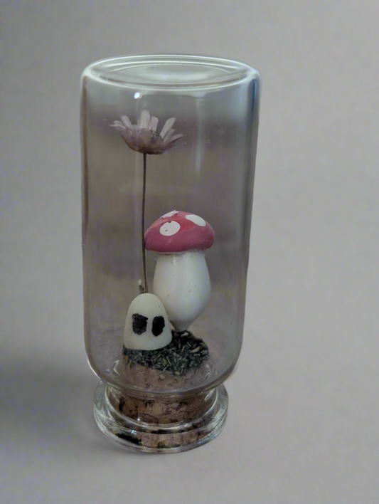 Mini Forest Spirit Terrarium – Mushroom & Wildflower Dome with Ghost (2”)