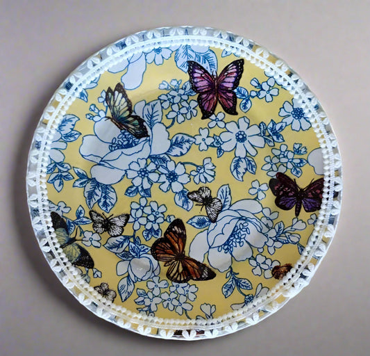 Butterfly Garden Upcycled Glass Saucer – Handmade Boho Plant Base