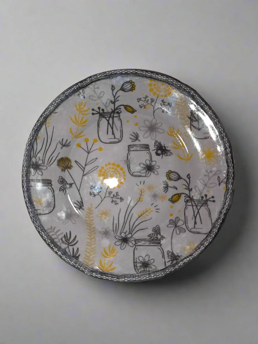 Honey & Wildflowers – Cottagecore Upcycled Saucer (7”) | Mason Jar Bee Decor for Plants or Trinkets