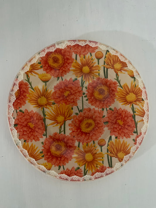 Golden Hour Bloom – Vintage-Inspired Floral Saucer (7”) | Lace-Trimmed Plant Tray or Catch-All Dish