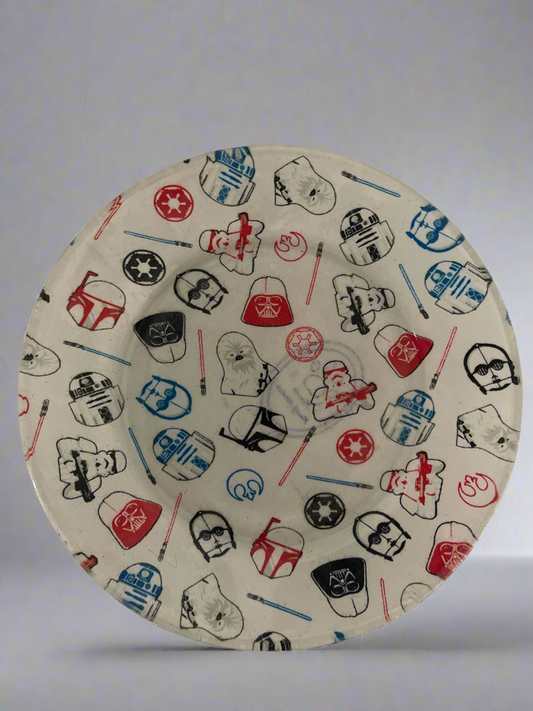 Galaxy Garden Saucer – 7” Upcycled Plate with Star Wars print – Geek Chic Plant Base – Nerdy Pottery Catch Tray – May the Plants Be With You