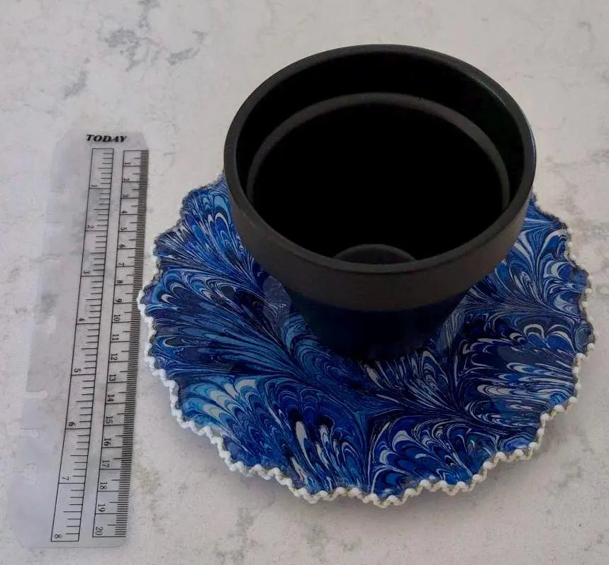Upcycled Marbled Saucer – Indigo Swirl with Scalloped Edge