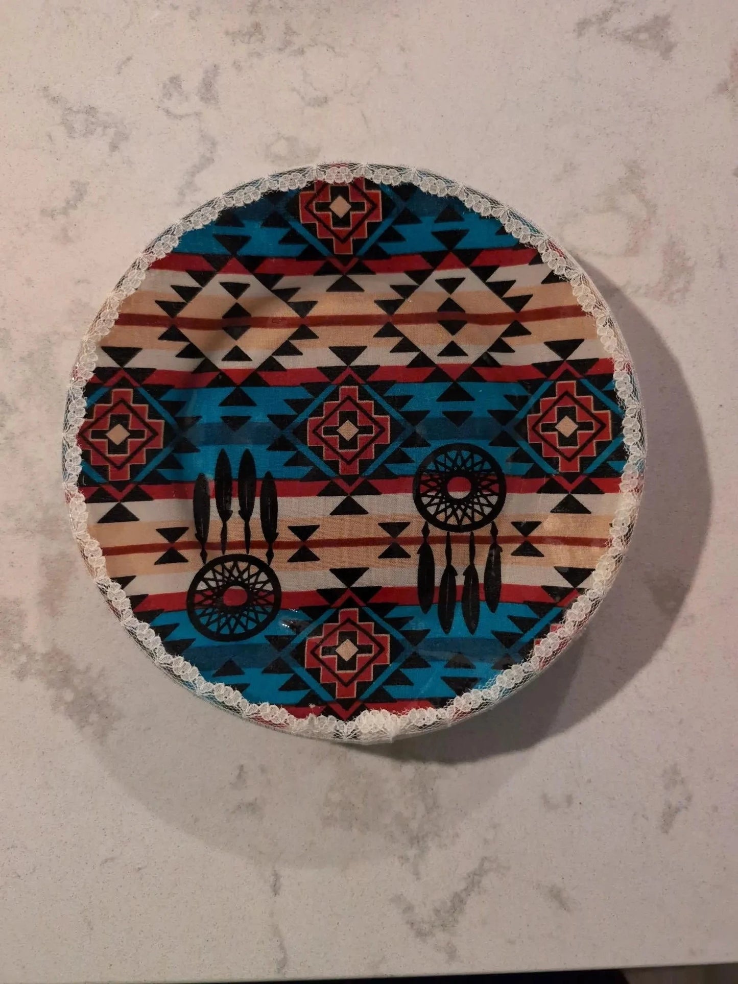 Dreamcatcher Drift – Upcycled 7” Saucer | Boho Desert Plant Tray with Southwest Motif